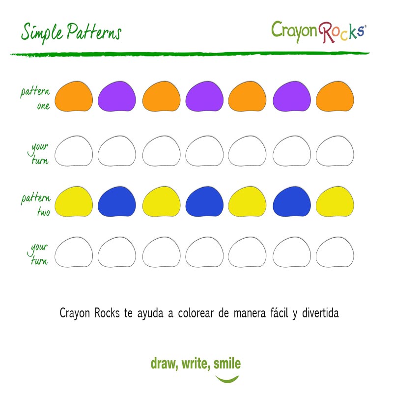 Patron de secuencia y colores para dibujar, colorear o delinear, crayon rocks